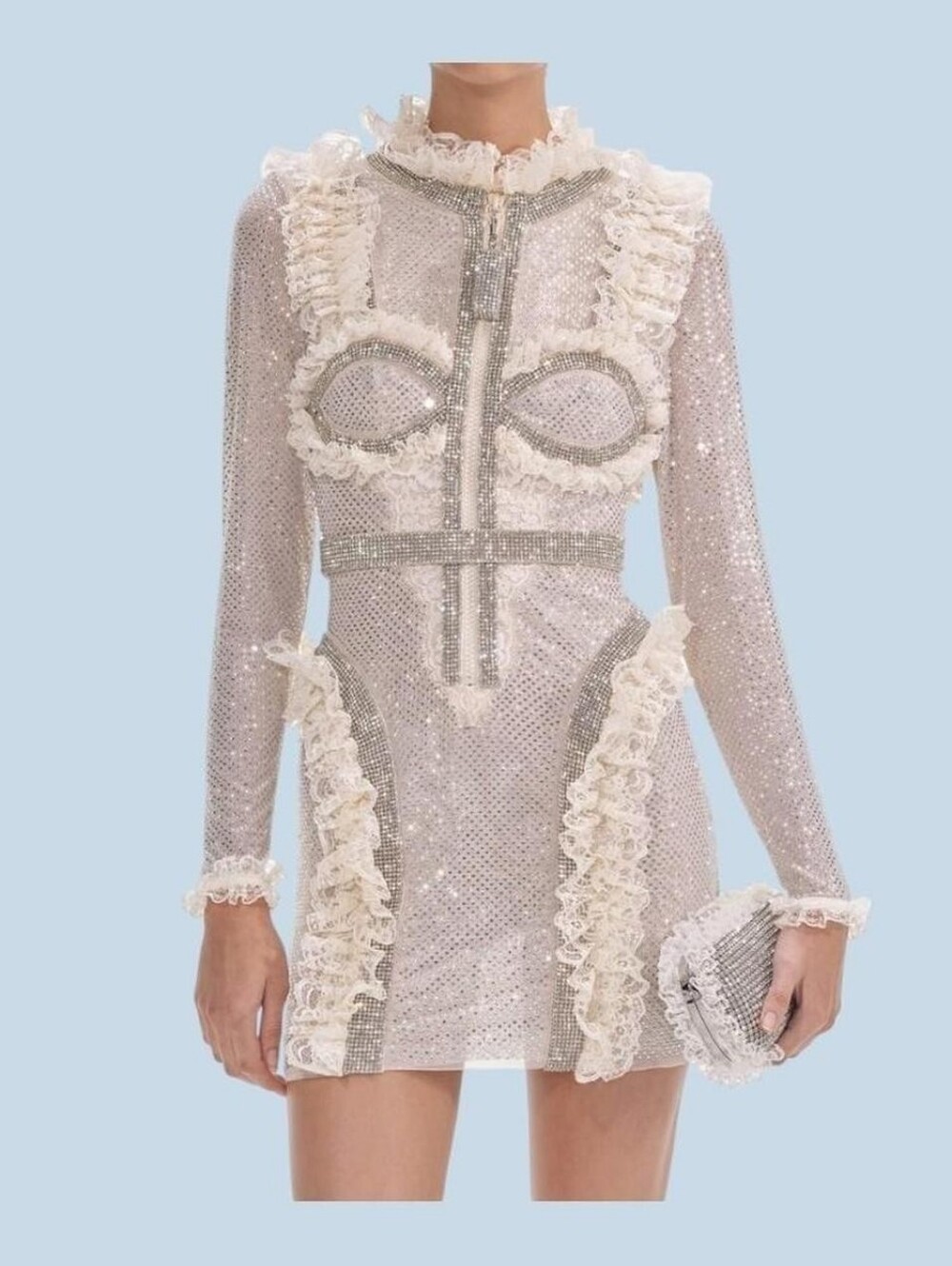 CHRISTOPHER KANE X SELF-PORTRAIT CREAM RHINESTONE RUFFLE LACE MINI BODYCON DRESS
